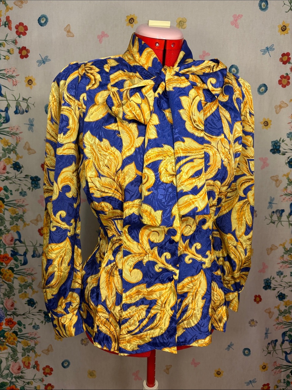 Vintage Anne Klein - Royal Blue & Gold Patterned Tie-Neck Blouse w/ Shoulder Pad